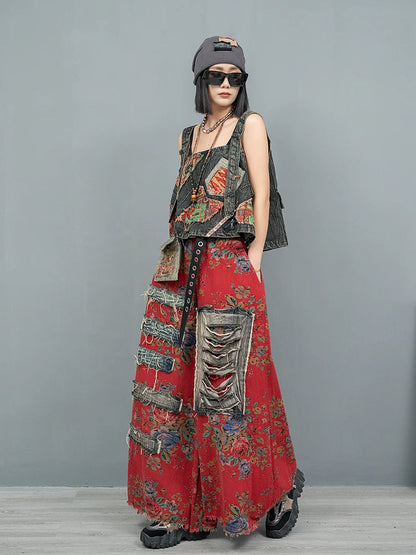 Blue Moon Fashion Vintage Style Printed Denim Vest Wide-leg Trousers Two-piece Set