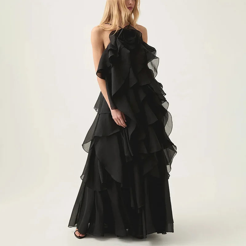 Flower Ruffles Backless Elegant Dress