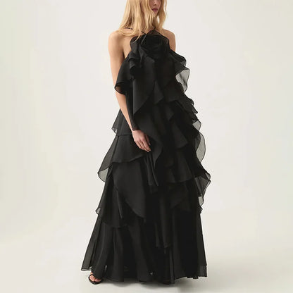 Flower Ruffles Backless Elegant Dress