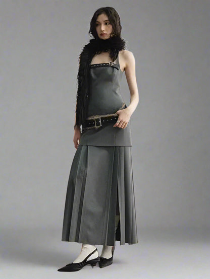Blue Moon Fashion  Tira Leather Hem Pleated Wool Belt Dress