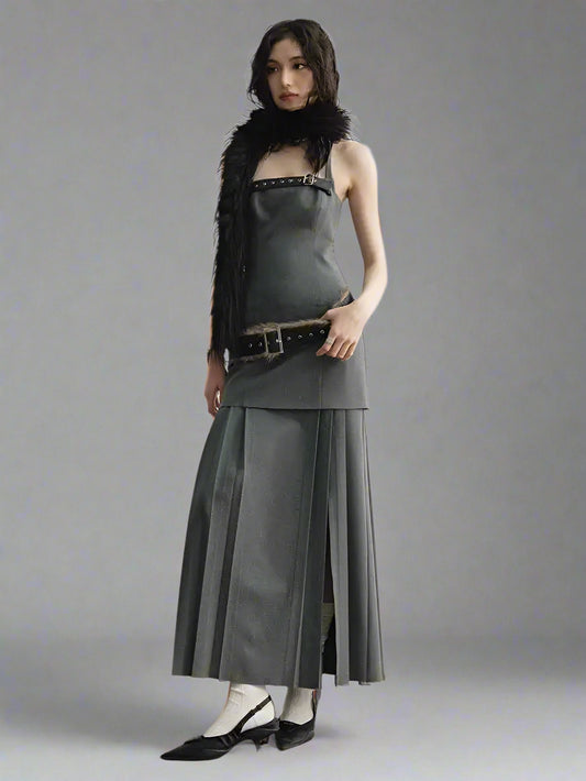 Blue Moon Fashion  Tira Leather Hem Pleated Wool Belt Dress