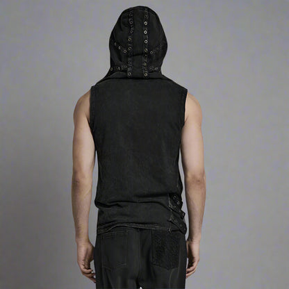 Men's  Elastic Knitted Hooded  Black Tank