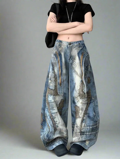 Blue Moon Fashion  Loose Jeans High Waist Wide Leg Embroidery Distressed