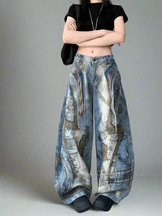 Blue Moon Fashion  Loose Jeans High Waist Wide Leg Embroidery Distressed