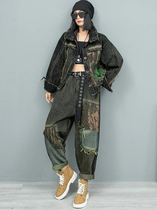Blue Moon Fashion  Denim Print Contrast Color HF Two-piece Set
