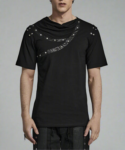 Men's Asymmetric Drop Collar Cracked Leather T-shirt