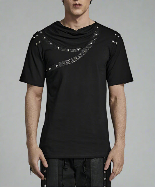 Men's Asymmetric Drop Collar Cracked Leather T-shirt