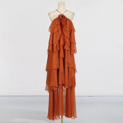 Flower Ruffles Backless Elegant Dress