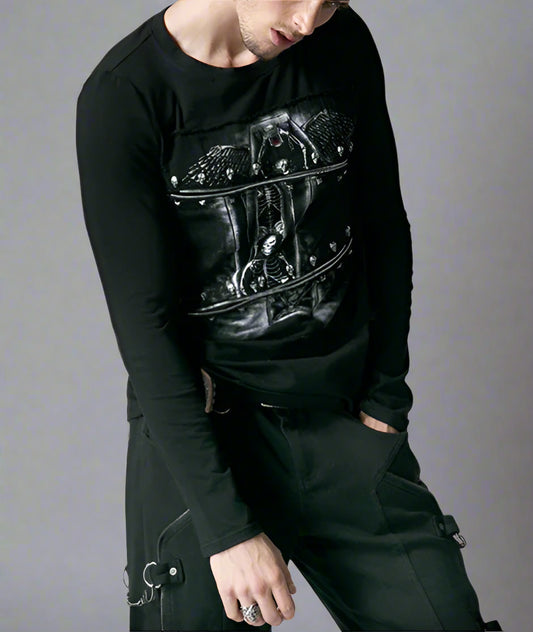 Men's Fashion Rock Casual Black 3D Printing Skull Cotton Elastic Long Top