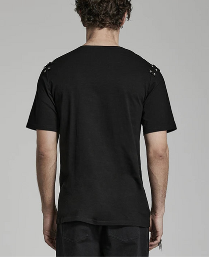 Men's Asymmetric Drop Collar Cracked Leather T-shirt