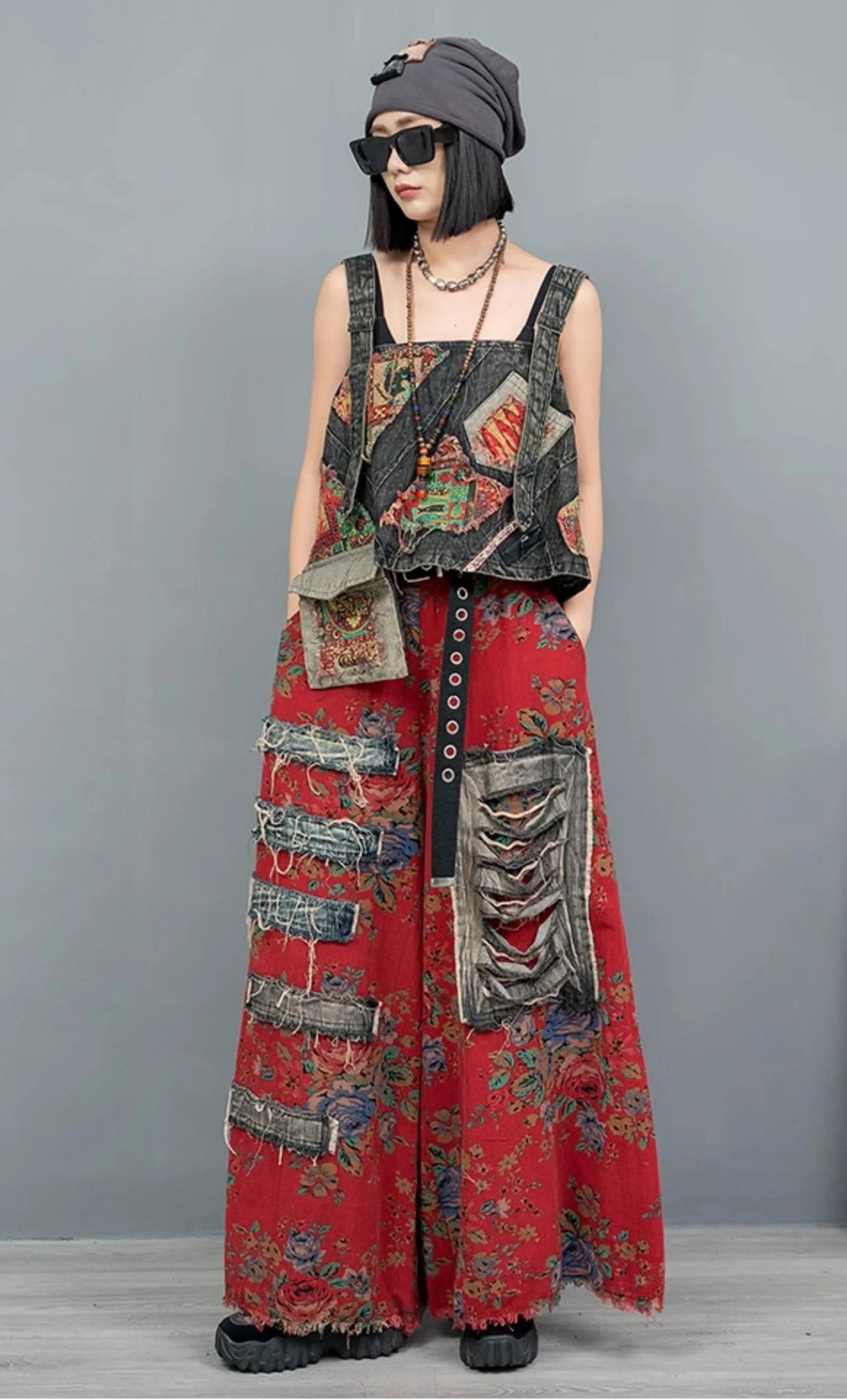 Blue Moon Fashion Vintage Style Printed Denim Vest Wide-leg Trousers Two-piece Set