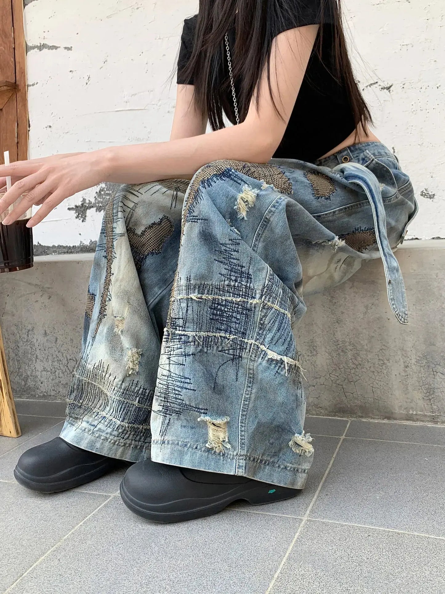 Blue Moon Fashion  Loose Jeans High Waist Wide Leg Embroidery Distressed