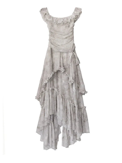 Light Gray Printed Ruffles Elegant Long Dress