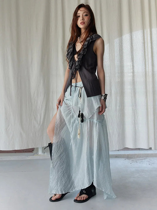 Gray Ruffles Vest & Skirt Set for Women | Blue Moon Fashion House