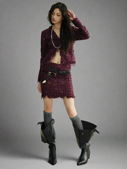 Wine Red Sequins  Two Pieces Suit
