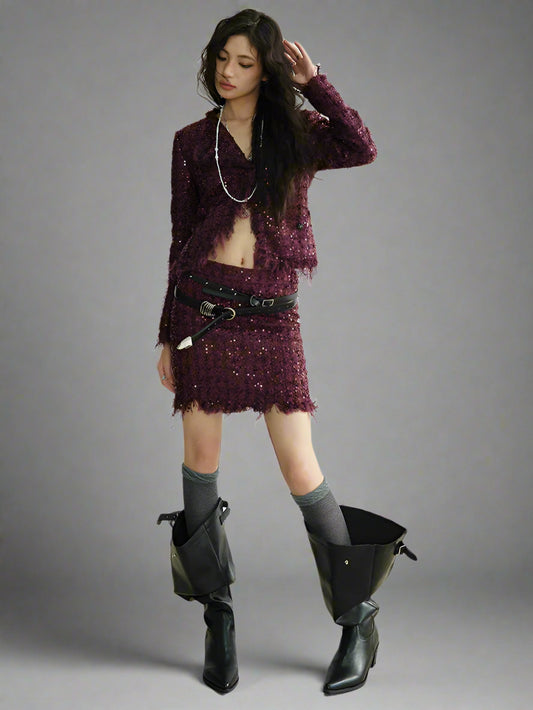 Wine Red Sequins  Two Pieces Suit
