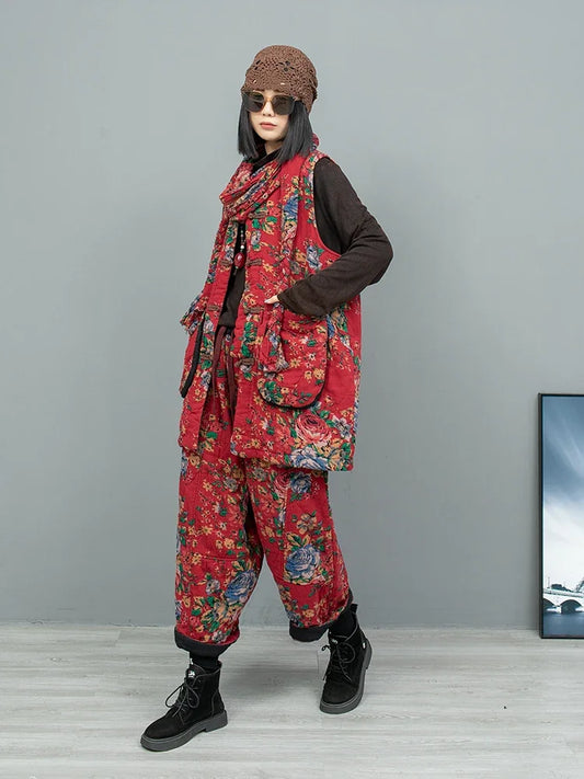 2PCS Chinese Style Floral Print Padded Clothing Set Plus Size Winter Thick Pants Suit Long Style Sleeveless Coat +Trousers