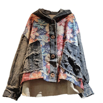 Blue Moon  Fashion  Knit Flower Print Spliced Denim Hooded Jacket