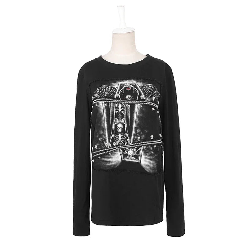 Men's Fashion Rock Casual Black 3D Printing Skull Cotton Elastic Long Top