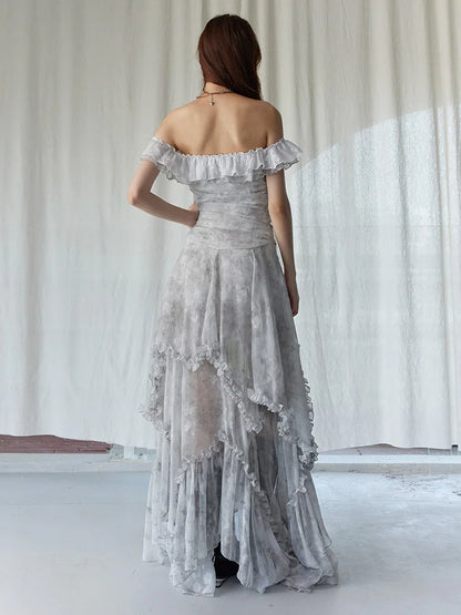 Light Gray Printed Ruffles Elegant Long Dress