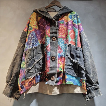 Blue Moon  Fashion Irregular Contrast Color Knit Print Hooded Denim Jacket