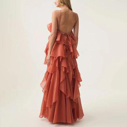 Flower Ruffles Backless Elegant Dress