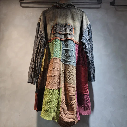 Blue Moon Fashion  Patchwork Contrast Color Knit Denim Long Jacket