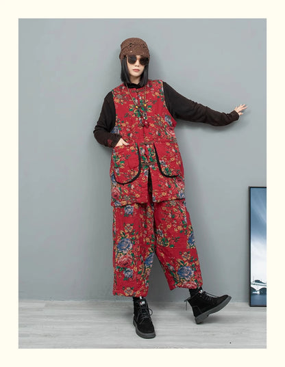 2PCS Chinese Style Floral Print Padded Clothing Set Plus Size Winter Thick Pants Suit Long Style Sleeveless Coat +Trousers