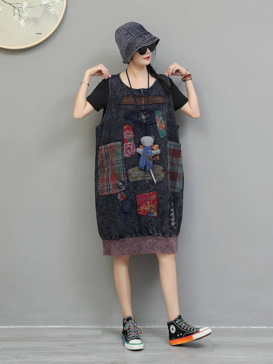 Blue Moon Fashion Vintage Patchwork Knee Length Sleeveless Dress