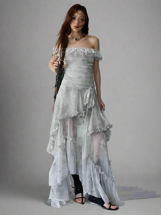 Light Gray Printed Ruffles Elegant Long Dress