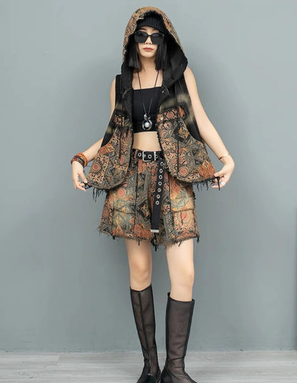 Blue Moon Fashion Women's  Suit Personality Distressed Printed Denim  Two-piece Set