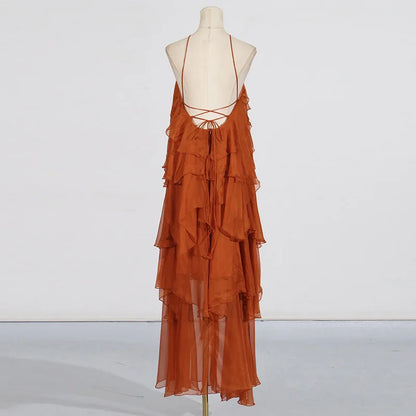 Flower Ruffles Backless Elegant Dress