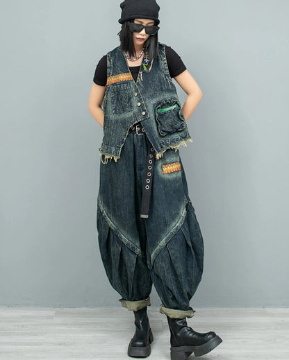 Blue Moon Fashion New Retro Ethnic Style Embroidery Denim  Two-piece Set