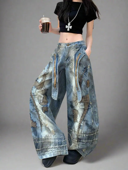 Blue Moon Fashion  Loose Jeans High Waist Wide Leg Embroidery Distressed