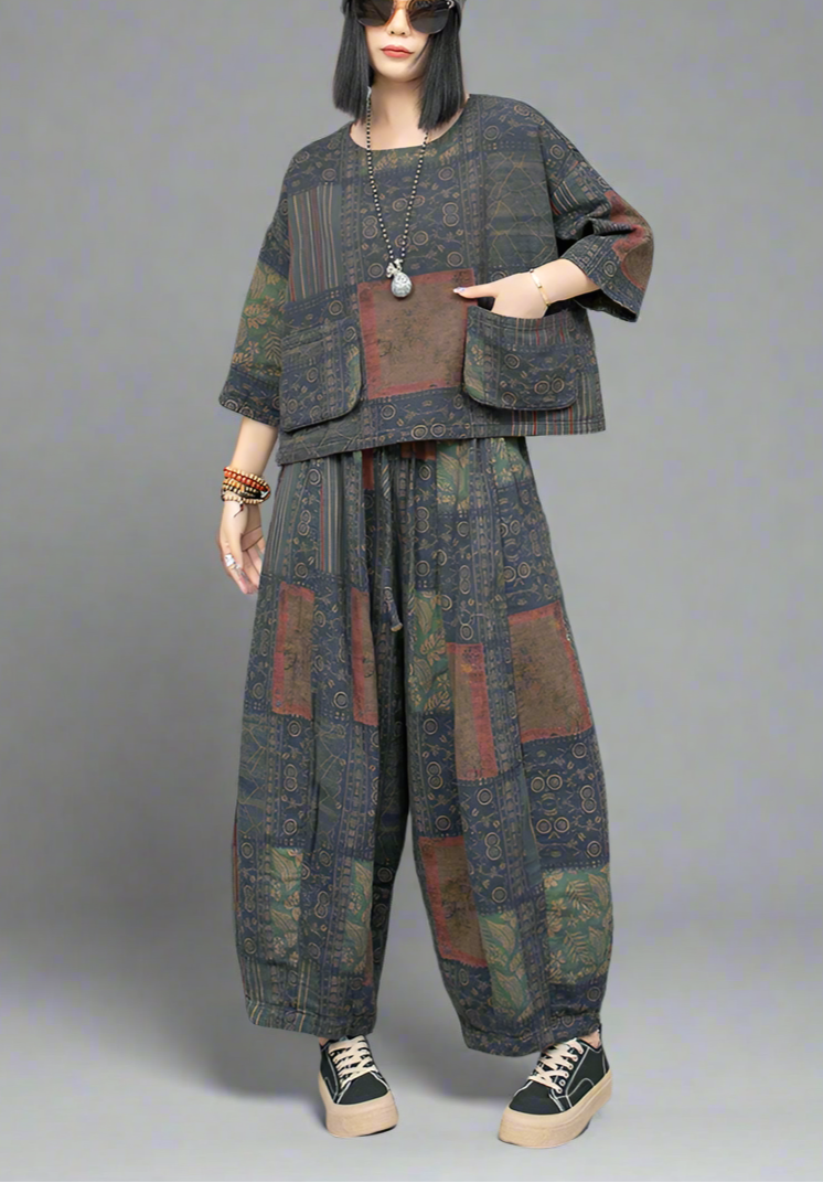 Blue Moon Fashion Ethnic Style Literary Print Two-piece Set
