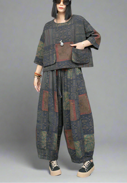 Blue Moon Fashion Ethnic Style Literary Print Two-piece Set