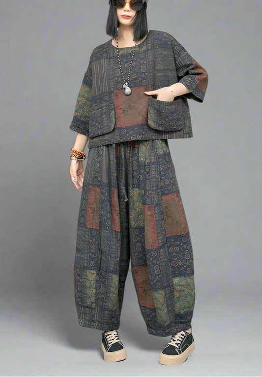 Blue Moon Fashion Ethnic Style Literary Print Two-piece Set