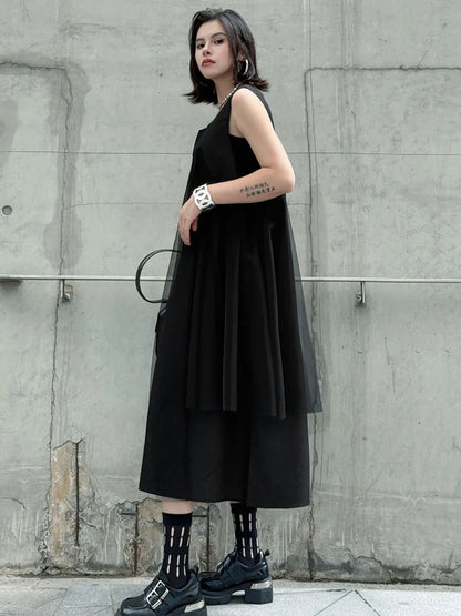 Blue Moon Fashion  Gray Mesh Color-block Big Size Midi Vest Dress