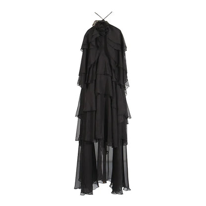 Flower Ruffles Backless Elegant Dress