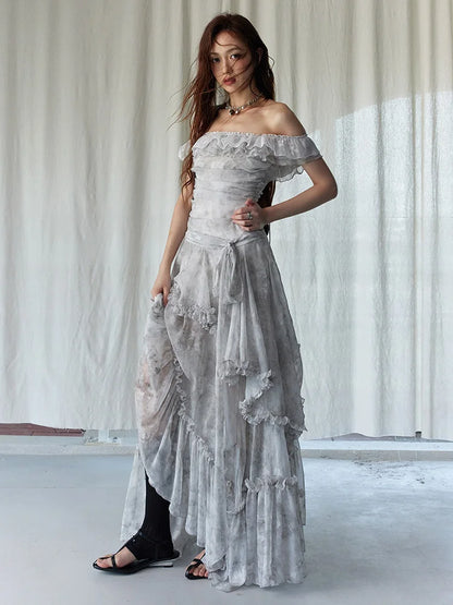 Light Gray Printed Ruffles Elegant Long Dress