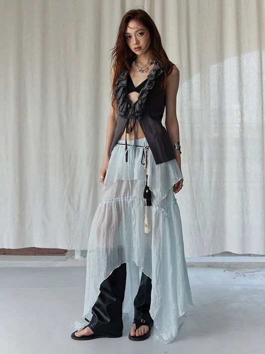 Gray Ruffles Vest & Skirt Set for Women | Blue Moon Fashion House
