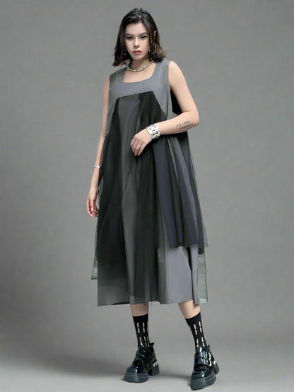Blue Moon Fashion  Gray Mesh Color-block Big Size Midi Vest Dress