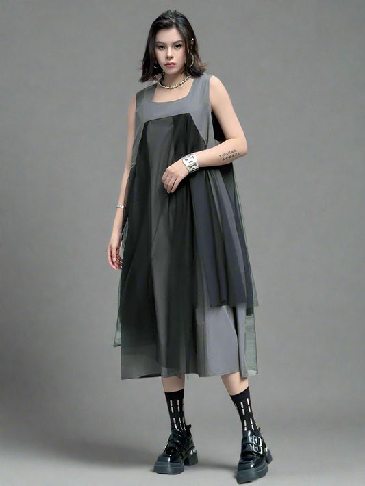 Blue Moon Fashion  Gray Mesh Color-block Big Size Midi Vest Dress