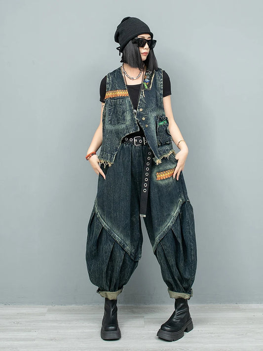 Blue Moon Fashion New Retro Ethnic Style Embroidery Denim  Two-piece Set