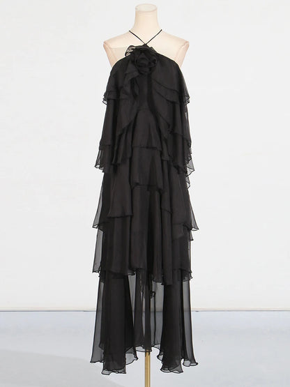 Flower Ruffles Backless Elegant Dress
