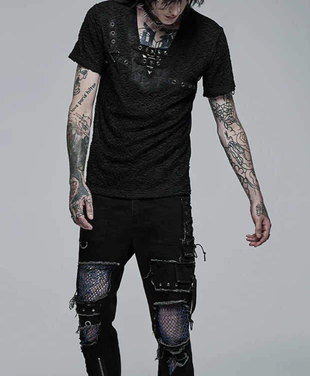 Men's Gothic Daily Personality Stylish Mesh V-neck Short Sleeve T-shirt