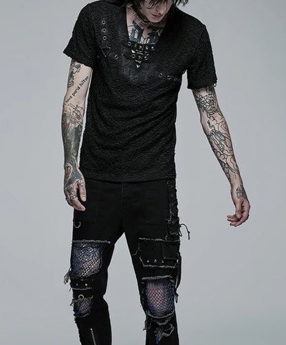 Men's Gothic Daily Personality Stylish Mesh V-neck Short Sleeve T-shirt