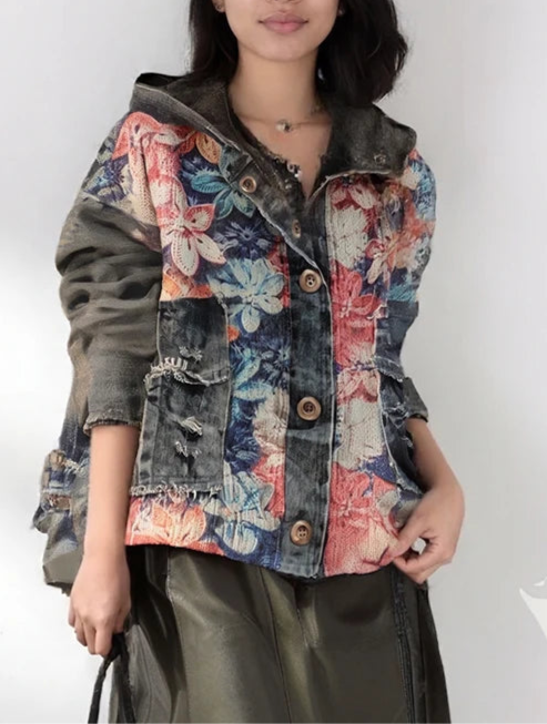 Blue Moon  Fashion  Knit Flower Print Spliced Denim Hooded Jacket