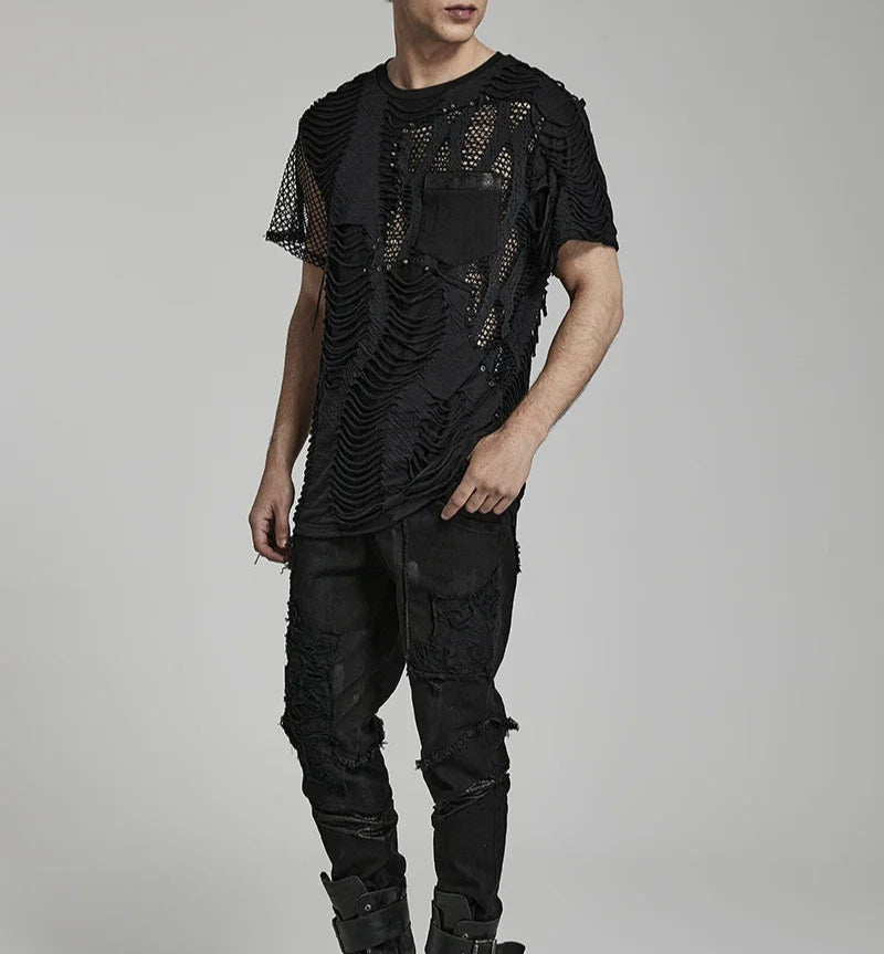 Men's  Ripped Irregular Mesh Short Sleeve T-shirt