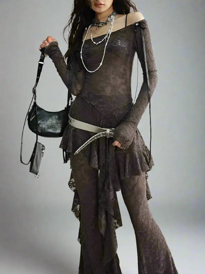 Lace Top-Wide Leg Pants Two Piece Suit